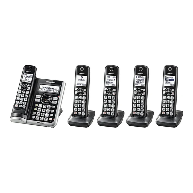 Panasonic Link2Cell Bluetooth Cordless Phone System with Voice Assistant, Call Block and Answering Machine, Expandable Home Phone with 5 Handsets â€“ KX-TGF575S (Black with Silver Trim)
