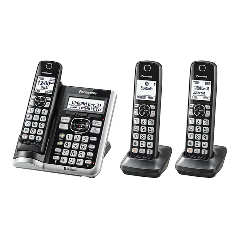 Panasonic Link2Cell Bluetooth Cordless Phone System with Voice Assistant, Call Blocking and Answering Machine. DECT 6.0 Expandable Cordless System – 3 Handsets – KX-TGF573S (Black/Silver Trim)